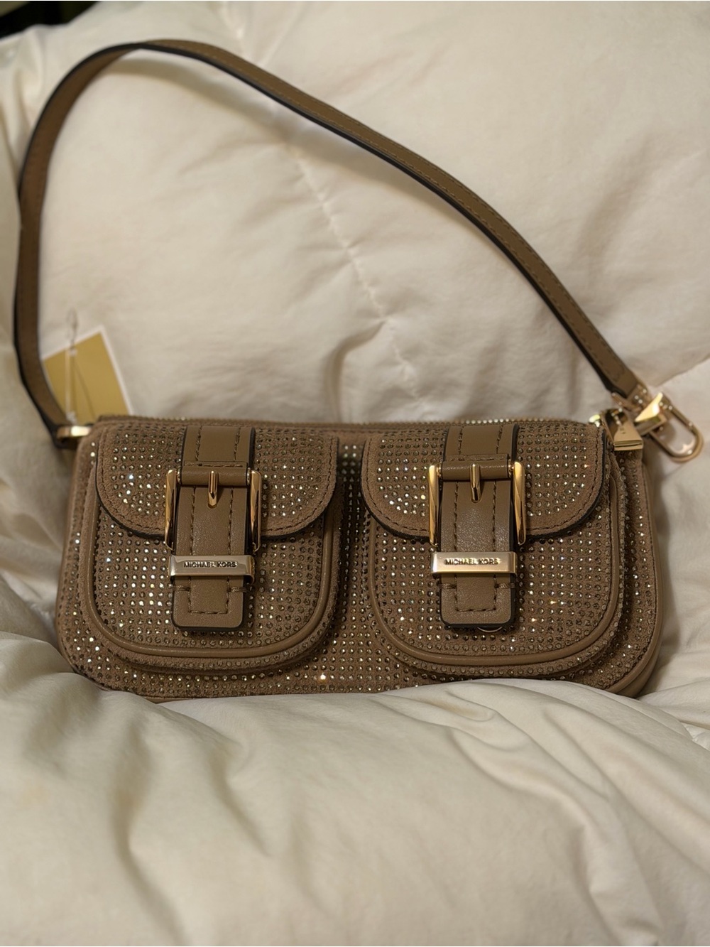 Michael Kors Taupe crystals Dual-Pocket Shoulder Bag with Gold Hardware
